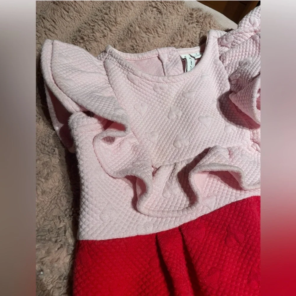 EUC Janie and Jack Pink and Red Heart Ruffle Sleeve Dress